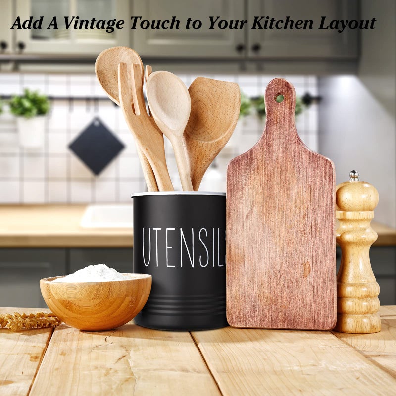 Bivvclaz Kitchen Utensil Holder, 6.7" Utensil Holder for Kitchen Counter, Cooking Utensil Crock with Cork Bottom, Modern Farmhouse Decor, Countertop Utensil Storage Organizer Caddy, Black - Image 5