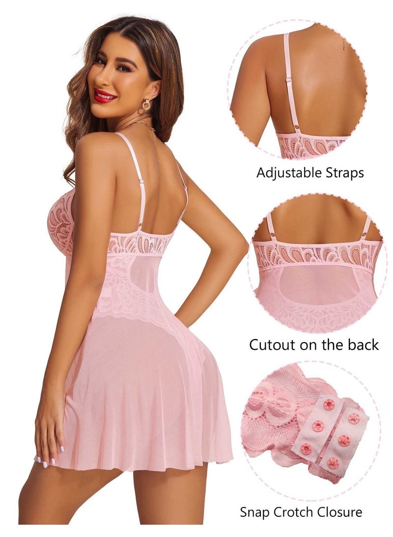 1-Piece Adjustable Straps Lace Nightgown,Slim Women Lingerie Dress,Nightwear Sleeping Dress,Ladies Home Dressing,Colour Pink - Image 4