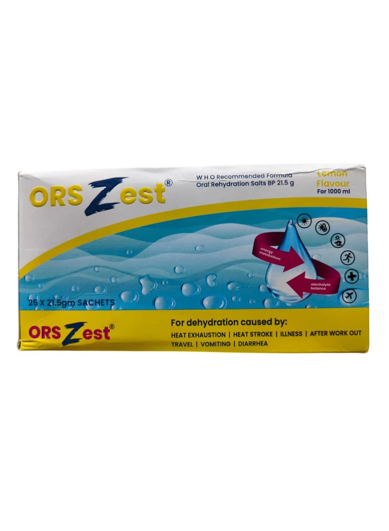 ORS Zest Oral Rehydration Salts BP, 21.5g x 25 Sachets, Lemon Flavour
