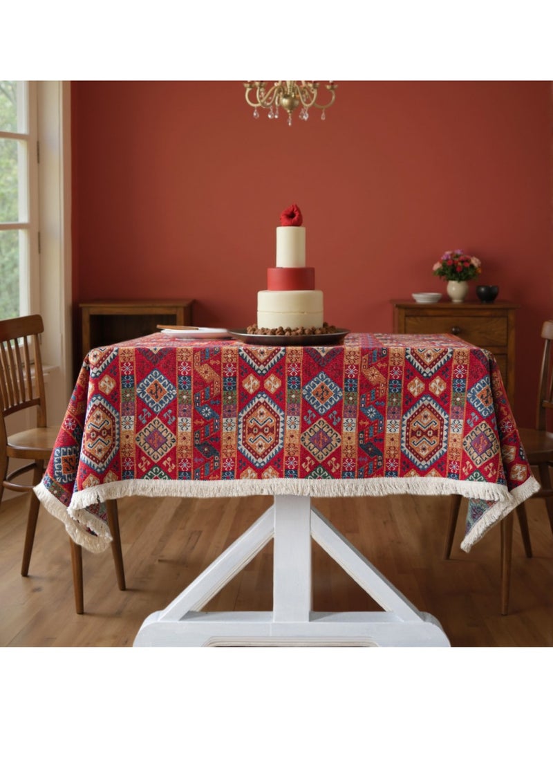Generic - Tablecloth Red Festive Jacquard Table Cloth Christmas Chunky Tassels Table Cover Party Dinner Table Decoration Bohemia,Red Badge,140x220cm - Image 1