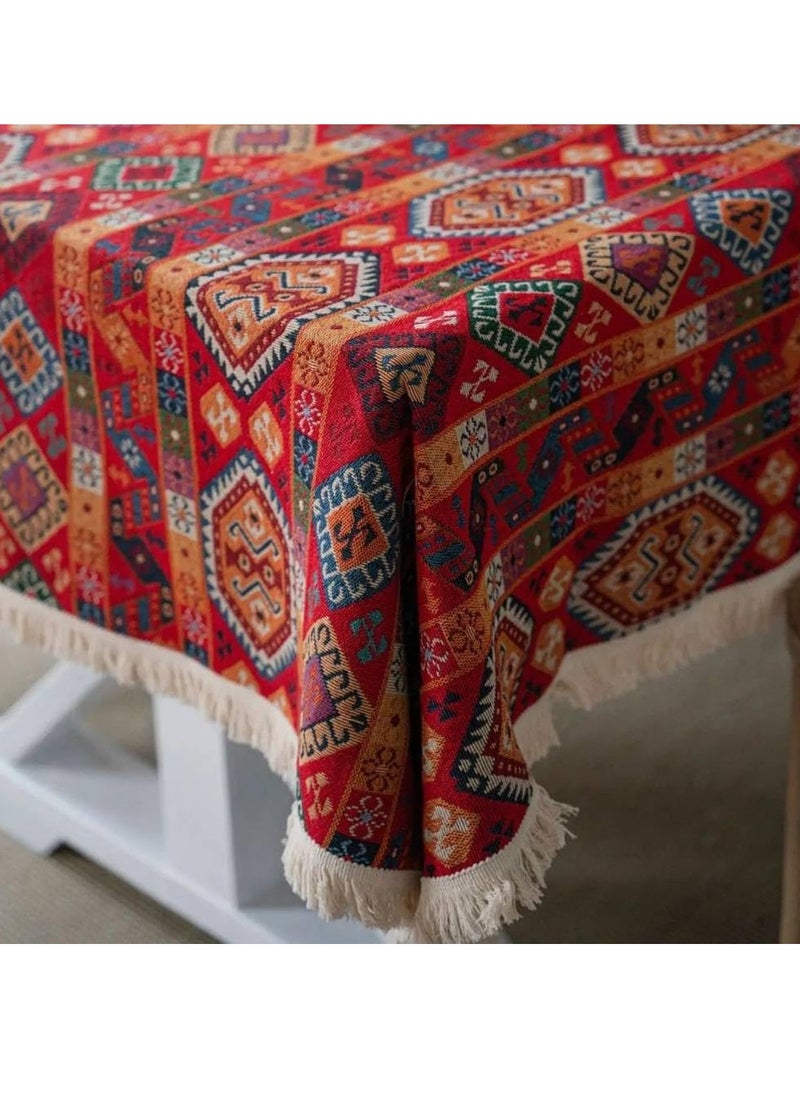 Generic - Tablecloth Red Festive Jacquard Table Cloth Christmas Chunky Tassels Table Cover Party Dinner Table Decoration Bohemia,Red Badge,140x220cm - Image 1