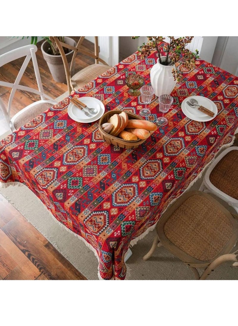 Generic - Tablecloth Red Festive Jacquard Table Cloth Christmas Chunky Tassels Table Cover Party Dinner Table Decoration Bohemia,Red Badge,140x220cm - Image 1