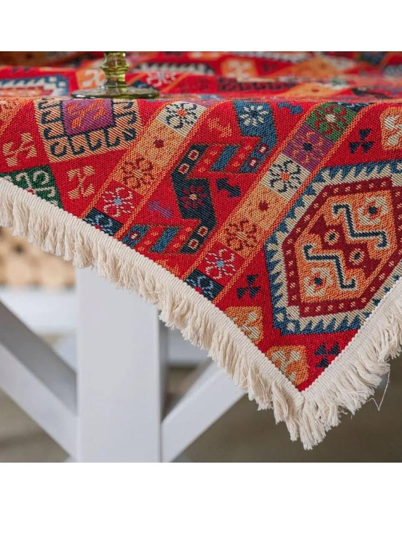 Generic - Tablecloth Red Festive Jacquard Table Cloth Christmas Chunky Tassels Table Cover Party Dinner Table Decoration Bohemia,Red Badge,140x220cm - Image 1