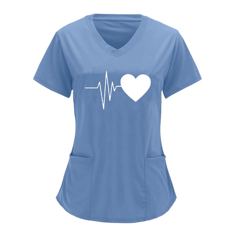 Cross-border European and American Nurses Wear and Care Tooling V-neck Double Pocket Heartbeat Love Printed Shirt Short-sleeved T-shirt plus size Denim Blue