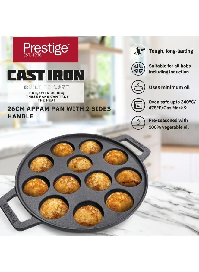 Prestige Prestige Cast Iron Appam Pan 26 CM | Duel Handle Appam Pan | Pre Seasoned Induction Cookware Black - PR48908