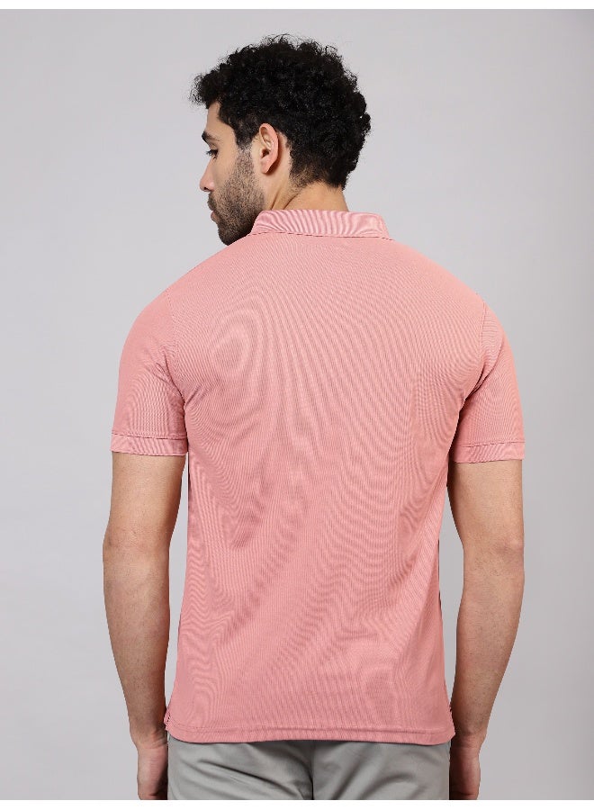 Beyoung Men's Regular Fit Half Sleeve Soild Casual Rose Pink Polo T-shirt - Image 2