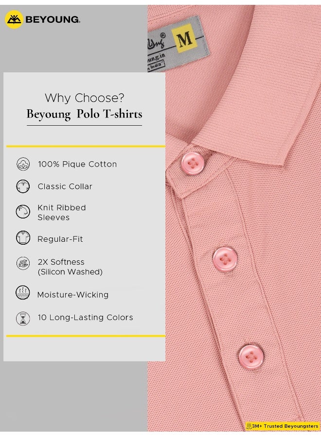 Beyoung Men's Regular Fit Half Sleeve Soild Casual Rose Pink Polo T-shirt - Image 5