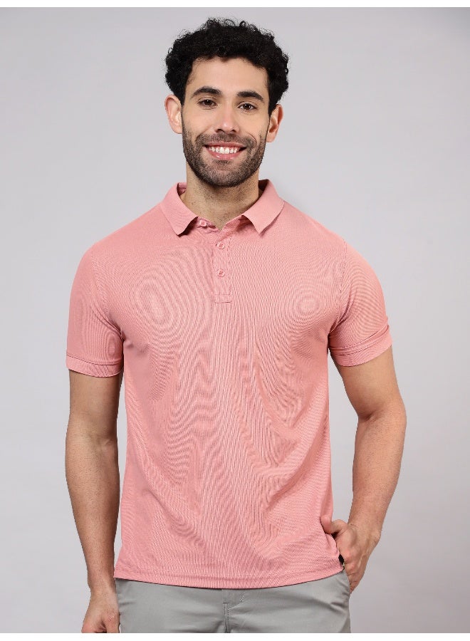 Beyoung Men's Regular Fit Half Sleeve Soild Casual Rose Pink Polo T-shirt - Image 1