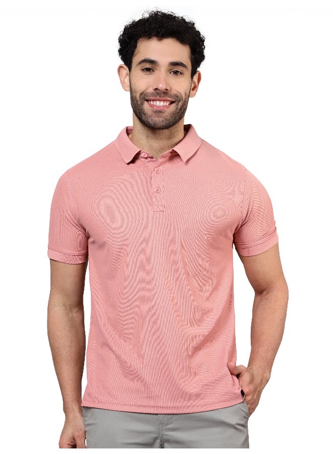Beyoung Men's Regular Fit Half Sleeve Soild Casual Rose Pink Polo T-shirt - Image 3