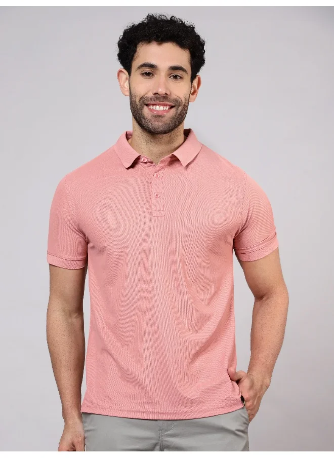 بيونغ Men's Regular Fit Half Sleeve Soild Casual Rose Pink Polo T-shirt