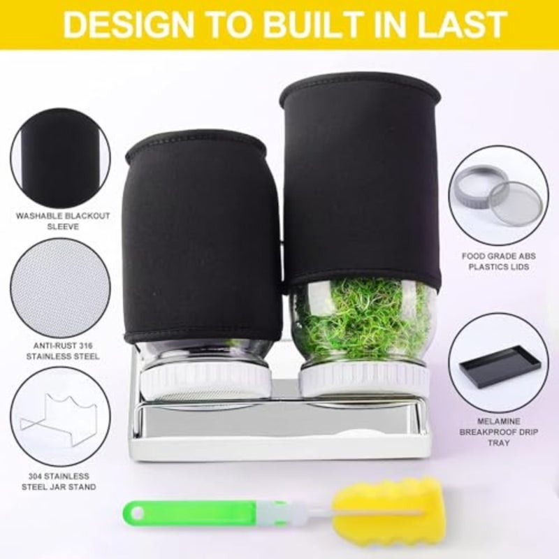 Sprouting Jar Kit for Growing Broccoli Alfalfa Mung Bean Premium Stainless Steel Screen Sprout Lids 2 Wide Mouth Mason Jars with Blackout Sleeves Tray Stand Canning Brush Home Kitchen Gardening Use - Image 3