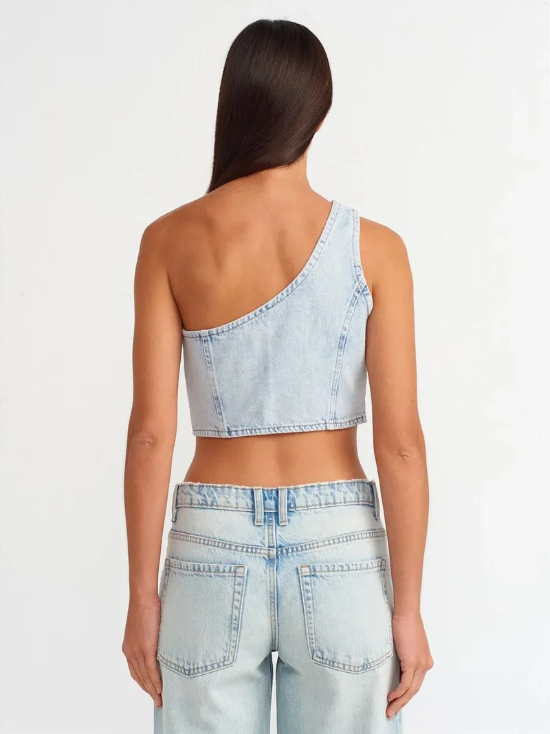 ديلفين Dilvin Fitted Cotton Denim Crop Blouse