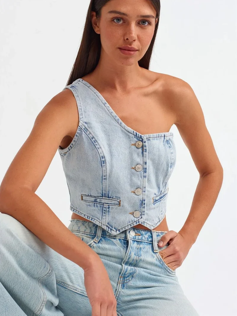 ديلفين Dilvin Fitted Cotton Denim Crop Blouse