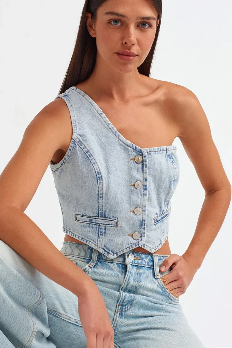DILVIN Fitted Cotton Denim Crop Blouse