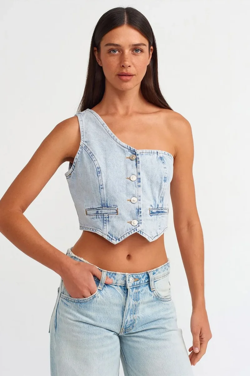 Dilvin Light Blue Denim DILVIN Fitted Cotton Denim Crop Blouse for Women | Best Price UAE