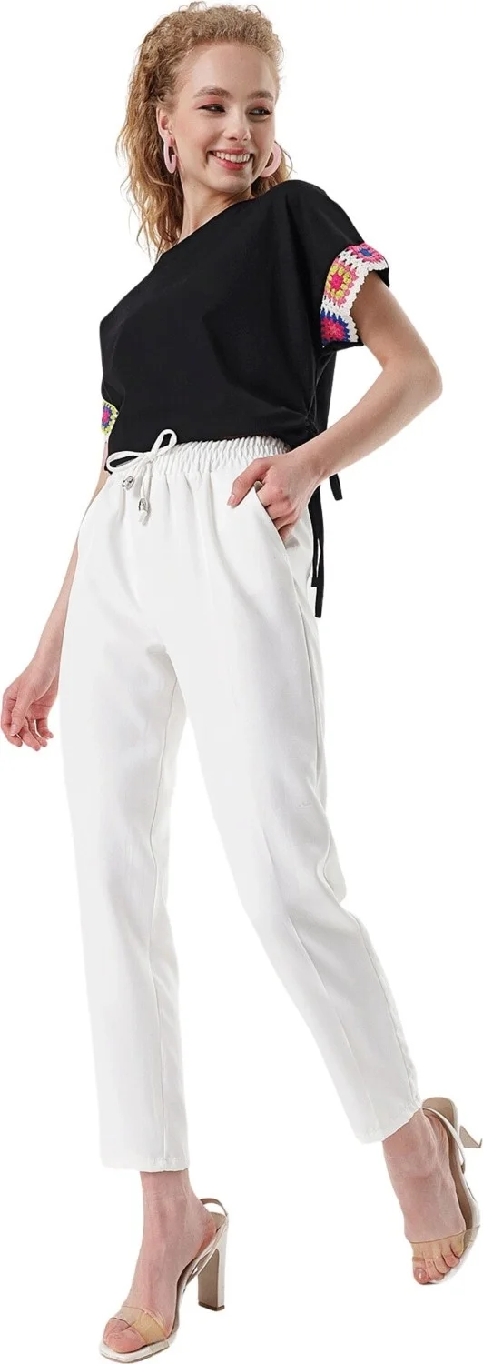 Butikburuc Women's Ecru Elastic Waist Jogger Pants