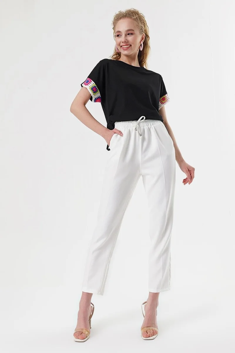 Butikburuc Women's Ecru Elastic Waist Jogger Pants