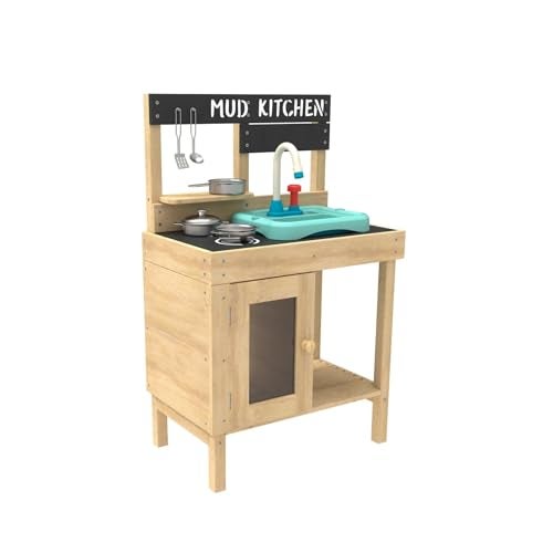 TP Toys Mud Play Kitchen For Kids Indoor Outdoor Toddler Toys Wooden Kitchen Playset w Accessories Sink with Faucet Durable Weatherproof Chalkboard Wood Burner Stencils Easy Assembly Age 3 - Image 1