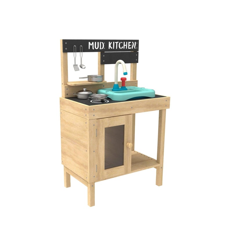 TP Toys Mud Play Kitchen For Kids Indoor Outdoor Toddler Toys Wooden Kitchen Playset w Accessories Sink with Faucet Durable Weatherproof Chalkboard Wood Burner Stencils Easy Assembly Age 3 - Image 2