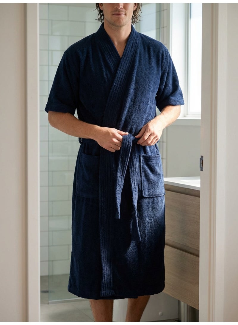 Ambrosia 100% Cotton Medium Unisex Terry Bathrobe in Navy Blue for Ultimate Comfort, Highly Absorbent Plush Spa Shower Robe Luxury Loungewear Wearable Blanket Home Essential - Image 4