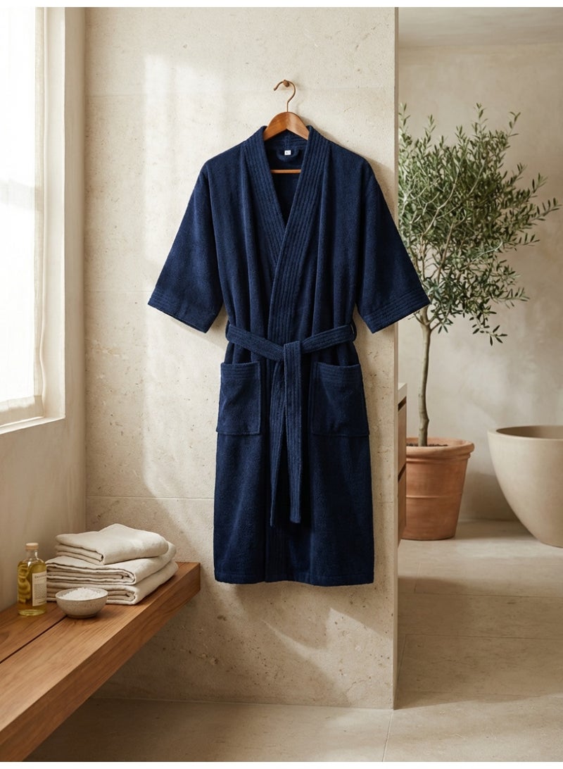 Ambrosia 100% Cotton Medium Unisex Terry Bathrobe in Navy Blue for Ultimate Comfort, Highly Absorbent Plush Spa Shower Robe Luxury Loungewear Wearable Blanket Home Essential - Image 5