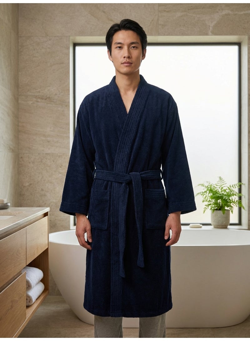 Ambrosia 100% Cotton Medium Unisex Terry Bathrobe in Navy Blue for Ultimate Comfort, Highly Absorbent Plush Spa Shower Robe Luxury Loungewear Wearable Blanket Home Essential - Image 3