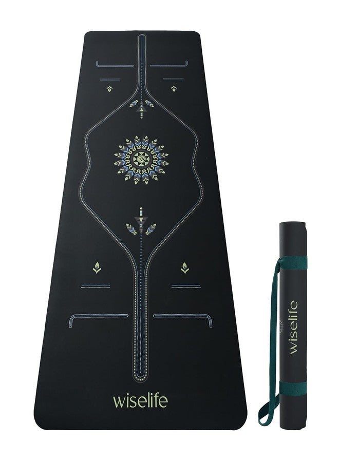 WiseLife Alignment PU Rubber Professional Yoga Mat Carry Strap Extra Thick Extra Long Exercise floor mat for Gym, Workout,Fitness, Yoga and Pilates PURE PU Leather & Natural Rubber (Black 5mm) - Image 1