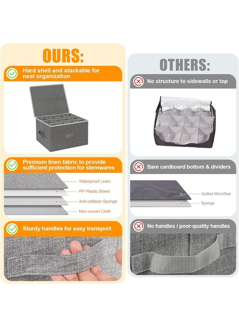 YOUWE7 Wine Glass Storage Box, Stemware Container Cases, Stackable w/Hard Shell Top Sides Bottom, Moving Supplies, China Storage Containers for 12 Crystal Glasses Drinkware 10'' Tall, Grey - Image 4