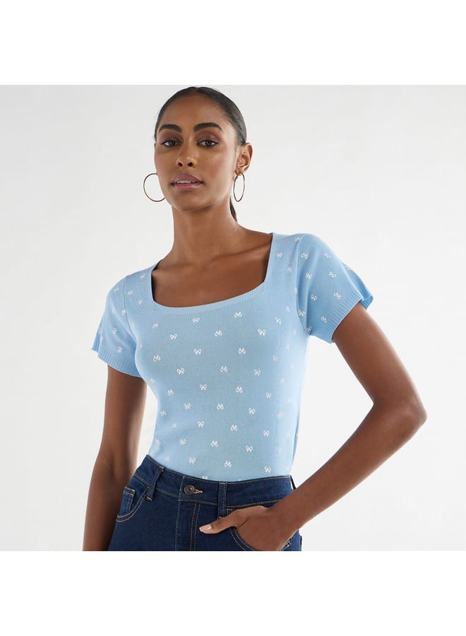Splash FAV Textured Square Neck T-shirt with Short Sleeves - Image 1