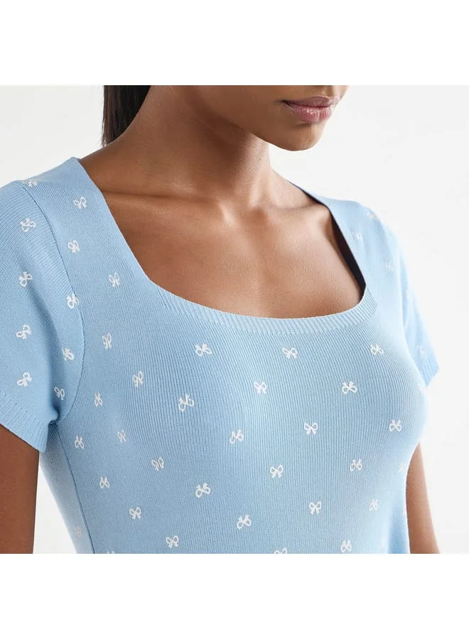 Splash FAV Textured Square Neck T-shirt with Short Sleeves