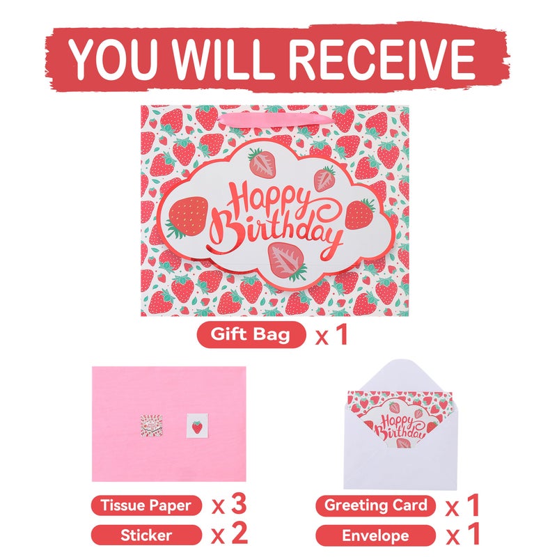 wishinside 13â€ Large Strawberry Happy Birthday Gift Bag Set with Handles, Greeting Card, Tissue Papers and Stickers for Girls Kids Teens Women, Cute Fruit Themed Birthday Design, 1 Pcs - Image 3