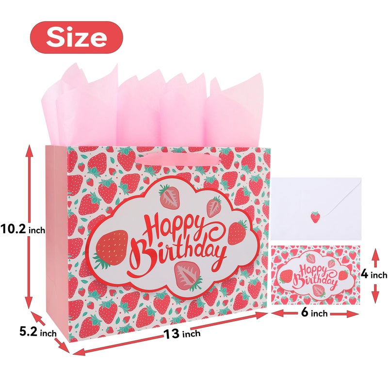 wishinside 13â€ Large Strawberry Happy Birthday Gift Bag Set with Handles, Greeting Card, Tissue Papers and Stickers for Girls Kids Teens Women, Cute Fruit Themed Birthday Design, 1 Pcs - Image 2