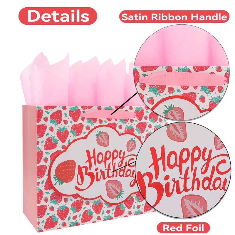 wishinside 13â€ Large Strawberry Happy Birthday Gift Bag Set with Handles, Greeting Card, Tissue Papers and Stickers for Girls Kids Teens Women, Cute Fruit Themed Birthday Design, 1 Pcs - Image 4