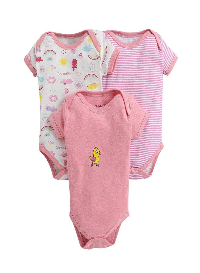 TiniBerry Cotton Baby Bodysuit Short Sleeve Half Romper Pack of 3 Soft & Comfortable for Kids (9-12 Months, Pink) - Image 1
