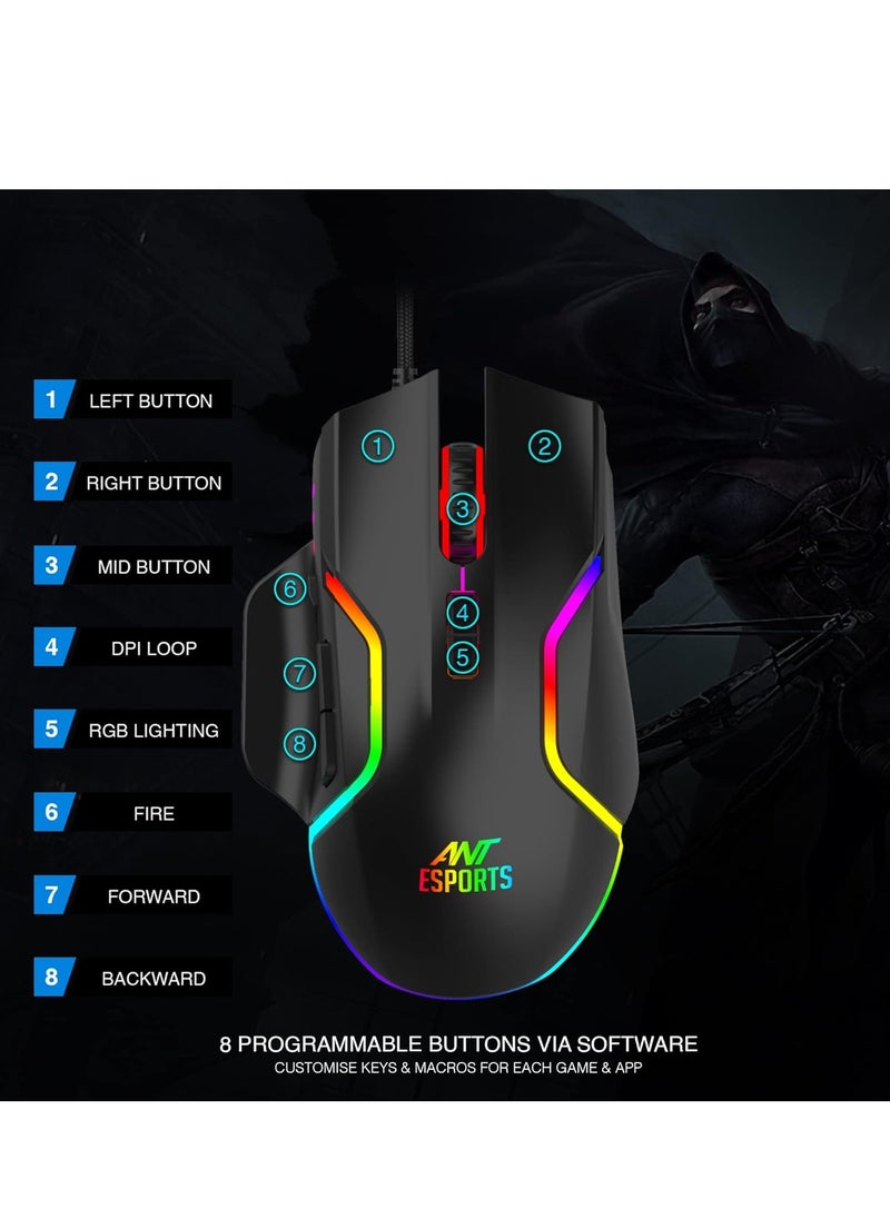 ANT Esports - GM320 RGB Optical Wired Gaming Mouse | Ambidextrous Design | 8 Programmable Buttons | Adjustable DPI up to 12800 | RGB Lighting | Rapid-Fire Button - Image 1