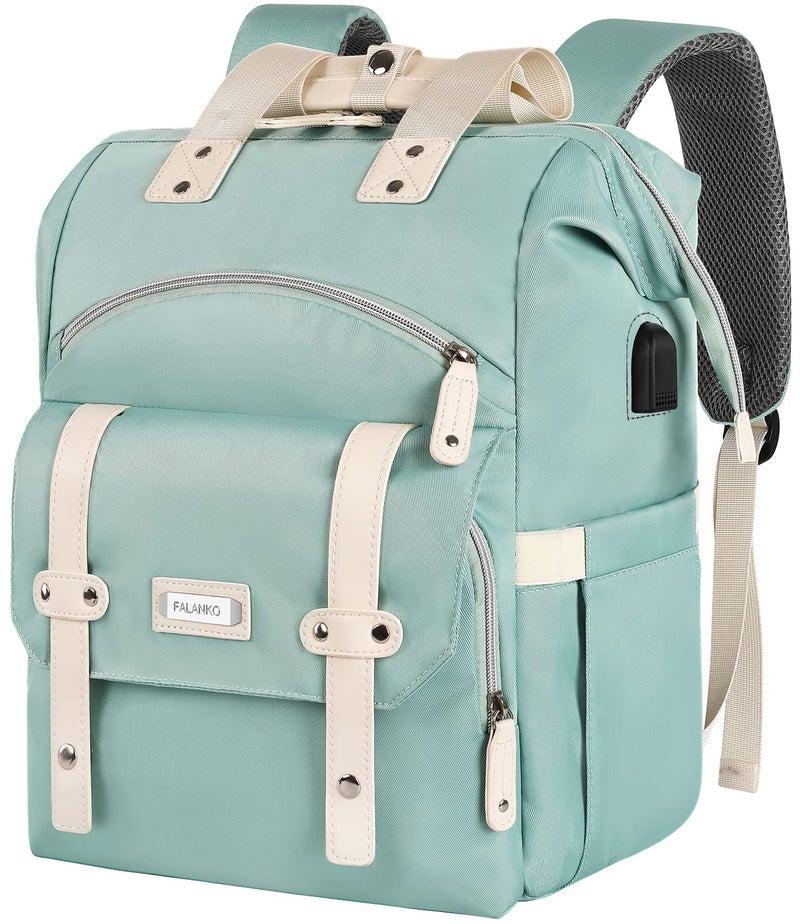FALANKO Laptop Backpack for Women,Doctor Teacher Nurse Work Bookbag for 15.6 Inch Laptop,Large Travel Wide Open College Shoulder Purse Bag With RFID Anti Theft USB Charging Port-Green - Image 1