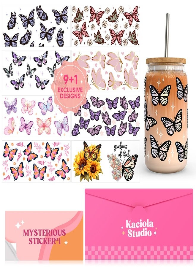 Kaciola UV DTF Cup Wraps for 16 oz-9 Sheets Butterfly Theme UV Stickers, 1 Sheet Mysterious Pattern UV DTF Transfer and Cleaning Kit, Rub on Transfers Stickers for 16 oz Libbey Glasses Crafting - Image 1