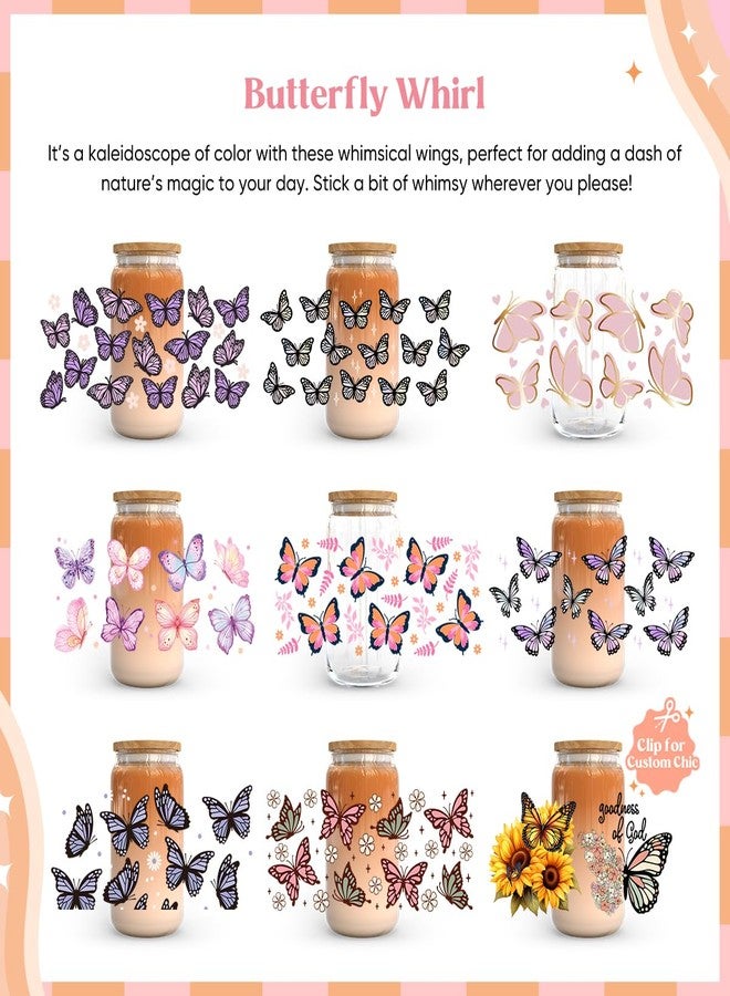 Kaciola UV DTF Cup Wraps for 16 oz-9 Sheets Butterfly Theme UV Stickers, 1 Sheet Mysterious Pattern UV DTF Transfer and Cleaning Kit, Rub on Transfers Stickers for 16 oz Libbey Glasses Crafting - Image 2