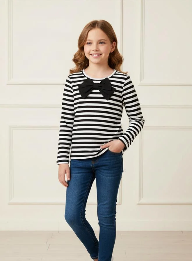 Take Two Girl's Striped Bow Detail Long Sleeve T-shirt