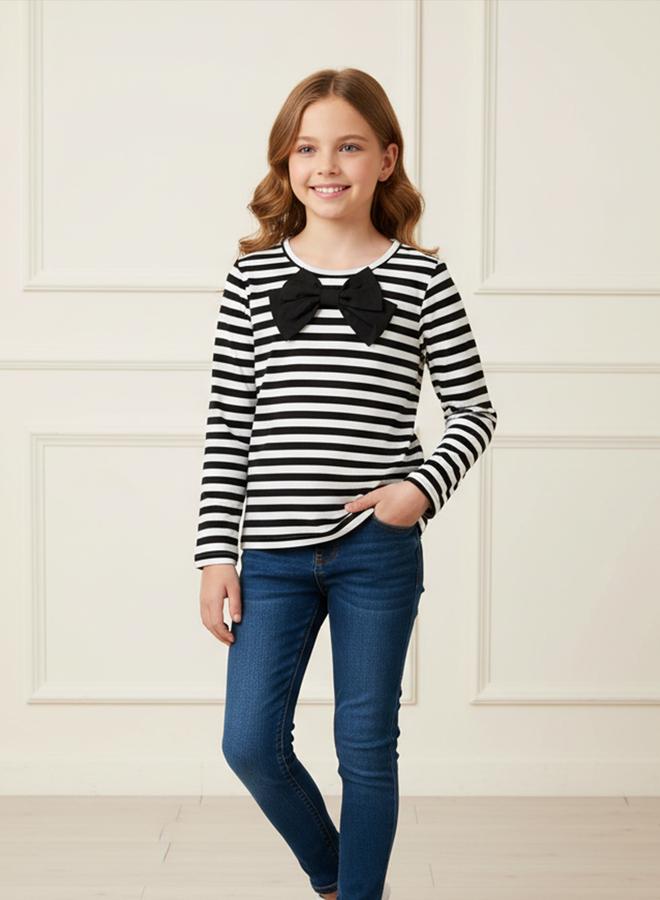 Take Two Girl'S Striped Bow Detail Long Sleeve T-Shirt - Image 1