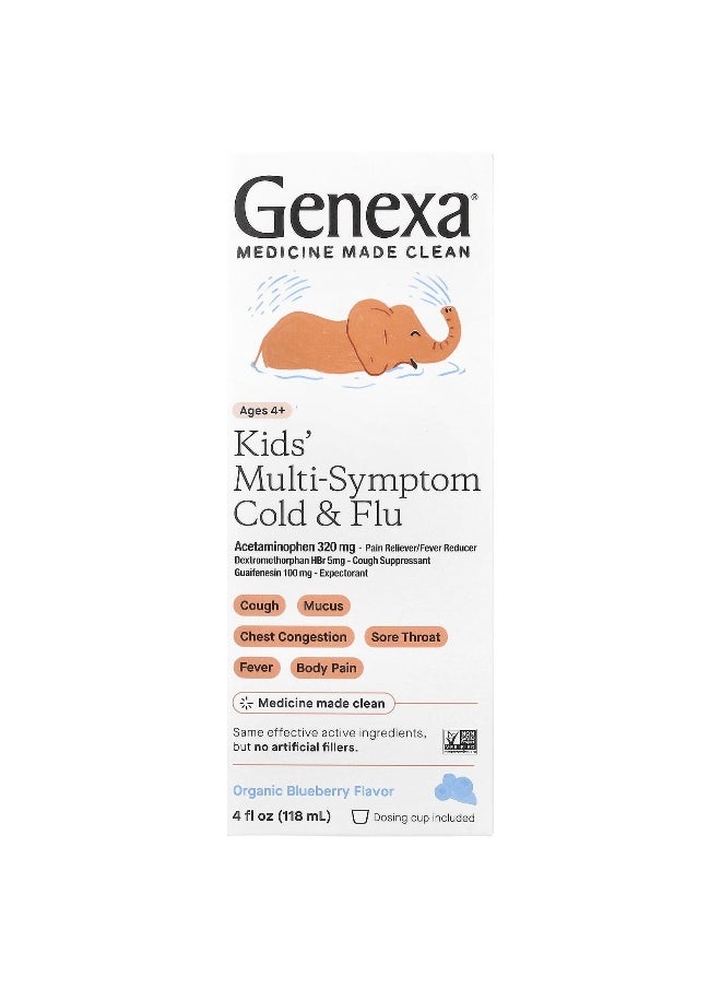 Genexa Genexa, Kids' Multi-Symptom Cold & Flu, Ages 4+, Organic Blueberry, 4 fl oz (118 ml)  - Image 1