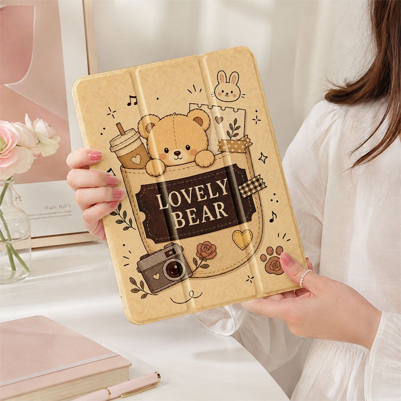 Tablet Case for iPad, Lovely Bear Coffee Doodle Collage, iPad Case for Mini Air Pro 4 5 6 7 8 9 10 11 12, Suitable for 7.9 8.3 9.7 10.2 10.5 10.9 11 12.9 13 inch Clear Shockproof Protective with Stand - Image 1