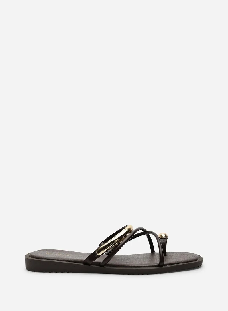 Where's That From Zelina Strappy Metal Toe Loop Dark Brown Slide On Sandal