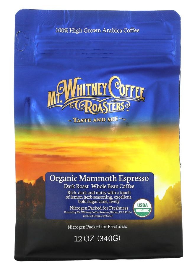 MT. WHITNEY COFFEE ROASTERS Organic Mammoth Espresso Whole Bean Coffee Dark Roast 12 oz (340 g) 