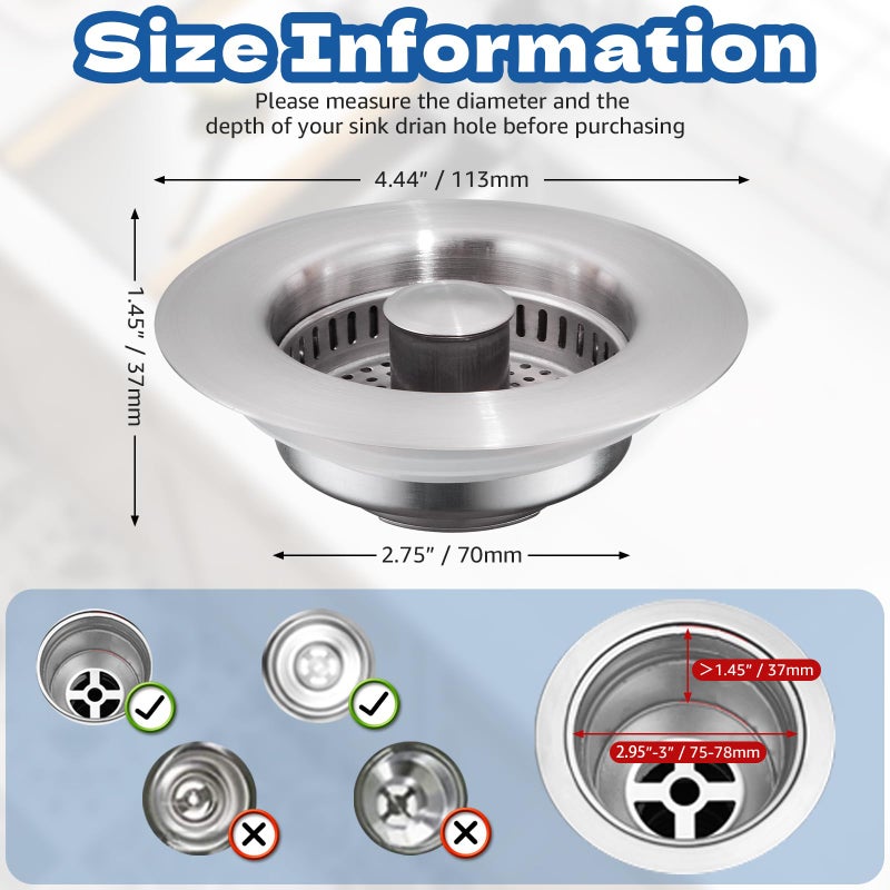 pollock 4 in 1 Kitchen Sink Drain Strainer Stopper, Pollock SUS304 Stainless Steel Pop-up Kitchen Sink Stopper with Strainer Basket, Anti-Clogging Kitchen Sink Plug for US Standard 3-1/2 Inch Drain - Image 2