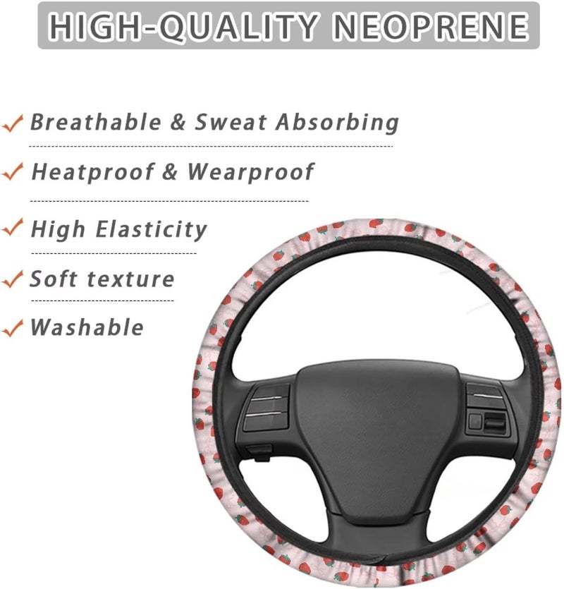 Universal Non-Slip Steering Wheel Cover, 15-inch for Car and Truck, Sweet Pink Strawberry Art, Polyester Material with Easy Installation - Image 4