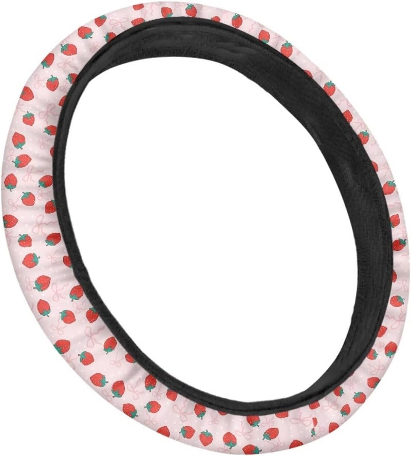 Universal Non-Slip Steering Wheel Cover, 15-inch for Car and Truck, Sweet Pink Strawberry Art, Polyester Material with Easy Installation - Image 3