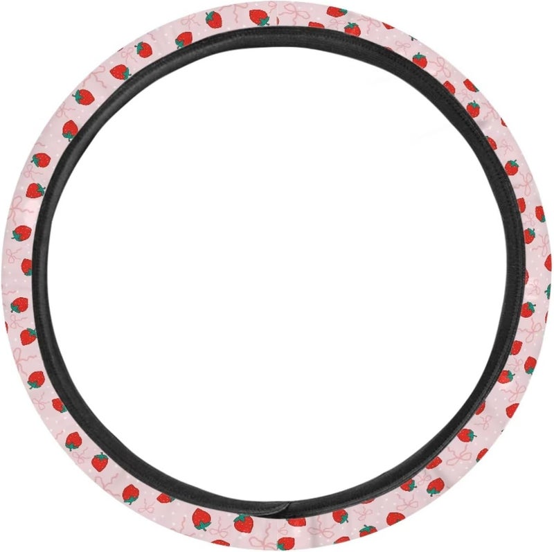 Universal Non-Slip Steering Wheel Cover, 15-inch for Car and Truck, Sweet Pink Strawberry Art, Polyester Material with Easy Installation - Image 2