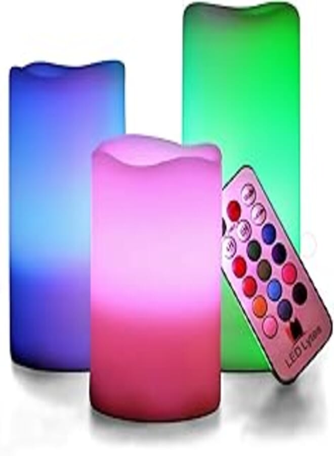 LED Multi Colored Flameless Candles Battery Operated, 3 Round Ivory Wax with Multi-Function Timer Remote Control, Flickering Flame Candle Set for Wedding Day Gifts and Teen Decor by LED Lytes