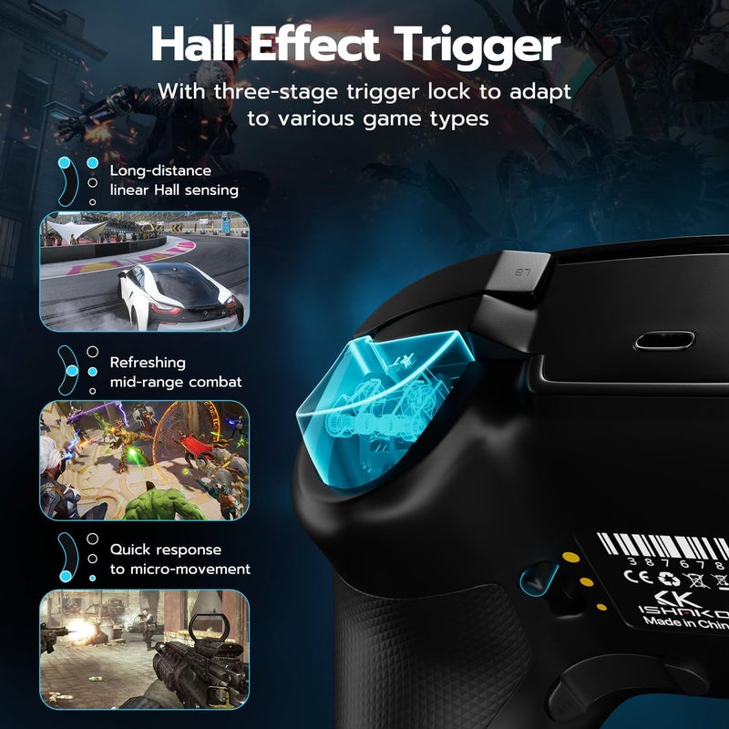 ISHAKO Wireless PC Controller, Hall Effect Joysticks & Triggers No Stick Drift Gamepad, 1000Hz Polling Rate, 4 Macro Back Buttons, Compatible with Windows 10/11, Steam Deck, Tesla, Switch- Black - Image 3